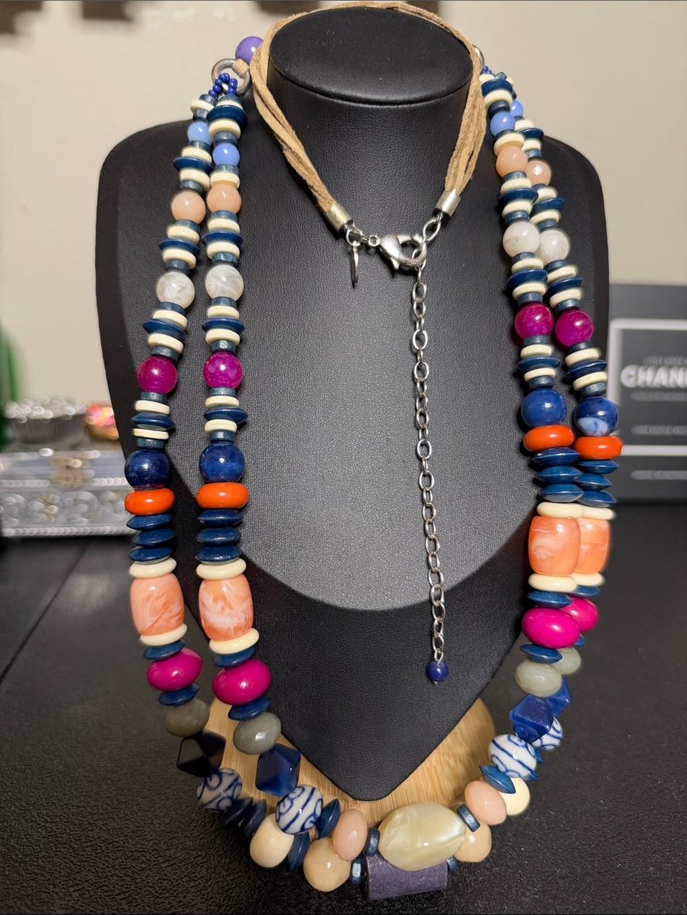 Chico’s Chunky Acrylic Leather Cord Colorful Multi-Strand Beaded Necklace Boho